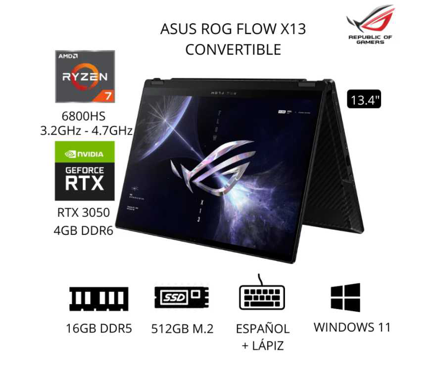 NB ASUS GV301RC-LJ032W ROG FLOW X13, RYZEN 7 6800HS, 16GB, 512GB SSD, RTX 3050, 13.4" FLEX WUXGA 120HZ, WIN 11 (ROG MOUSE + ROG FUNDA + PEN)