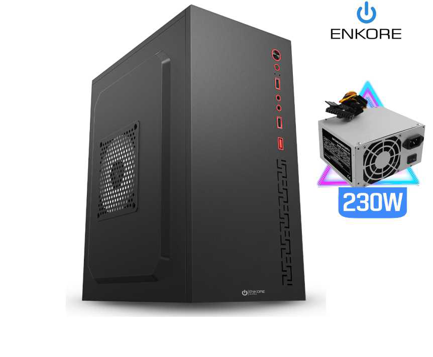 CASE ENKORE ULTRA, ENC 1001, 2 USB, + ( FUENTE 230W )AUDIO MICRO, BRILLANTE, NEGRO