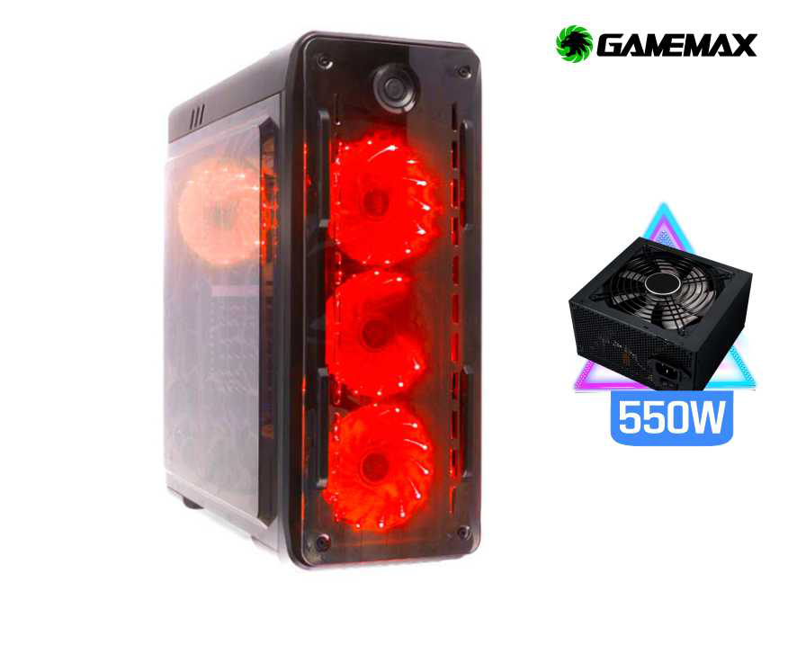 CASE GAMER GAMEMAX KINGLIGHT ROJO + ( FUENTE 550W), NEGRO 3X15 LED ROJO