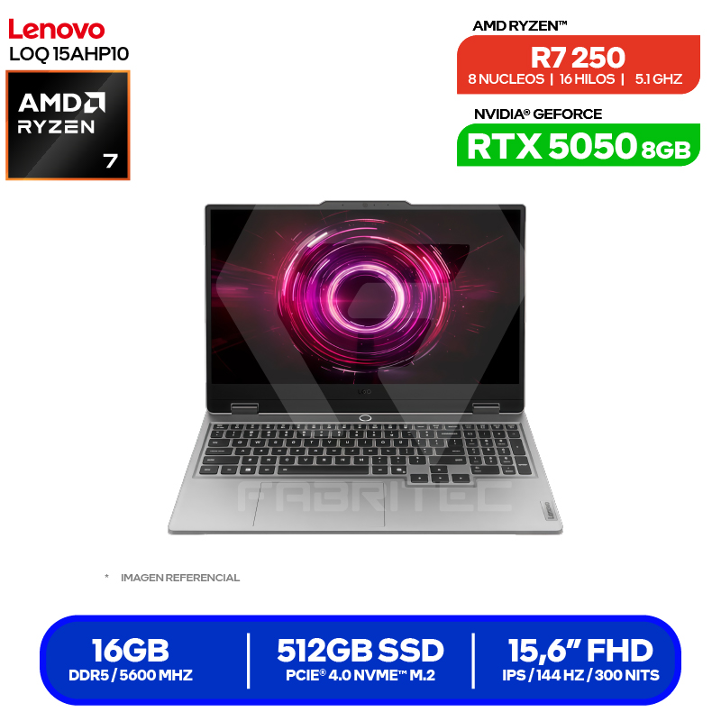 LAPTOP LENOVO LOQ 15AHP10 ( 83JG007VLM ) | AMD RYZEN 7 250 5.1GHZ | RAM 16GB DDR5 | SSD 512GB | PANTALLA 15,6’’ FHD | NVIDIA GEFORCE RTX 5050 8GB | FREEDOS