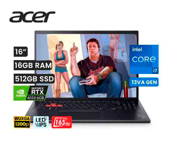 LAPTOP ACER NITRO LITE 16 NL16-71G-75KS INTEL CORE I7 13620H 16GB 512GB SSD 16” WUXGA (1920 X 1200) 165HZ IPS NVIDIA RTX 4050 6GB WIN 11