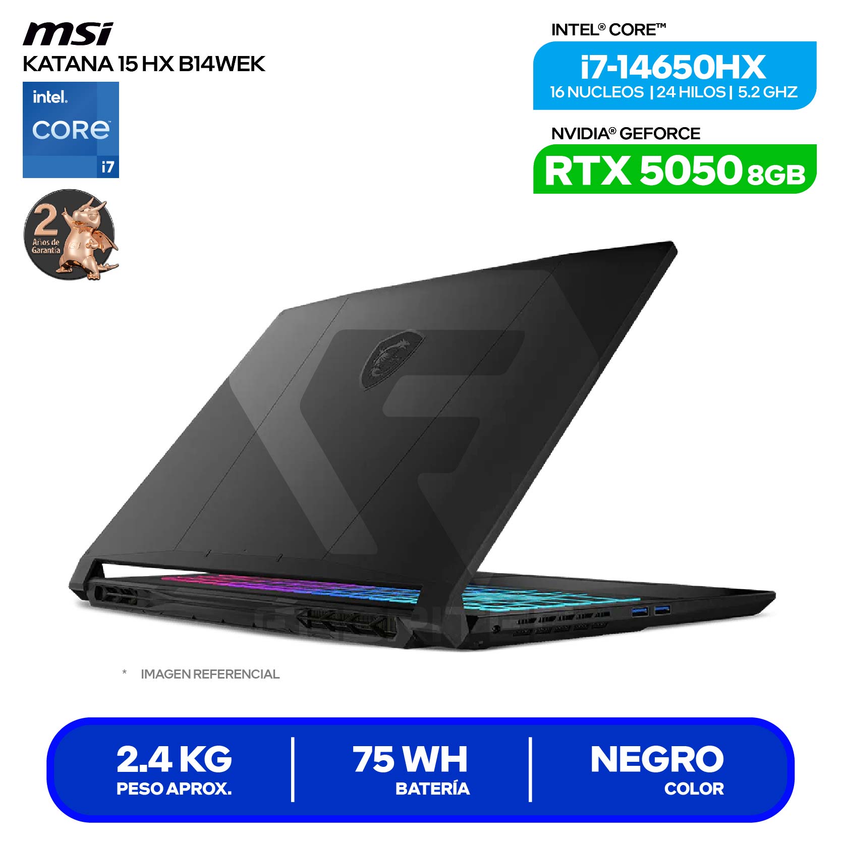 MSI KATANA 15 B14WEK-001US GAMING B14WEK-001US - CORE™ I7-14650HX 512GB SSD 16GB 15.6" FHD (1920X1080) 144HZ NVIDIA® RTX 5050 8192MB BACKLIT KEYBOARD