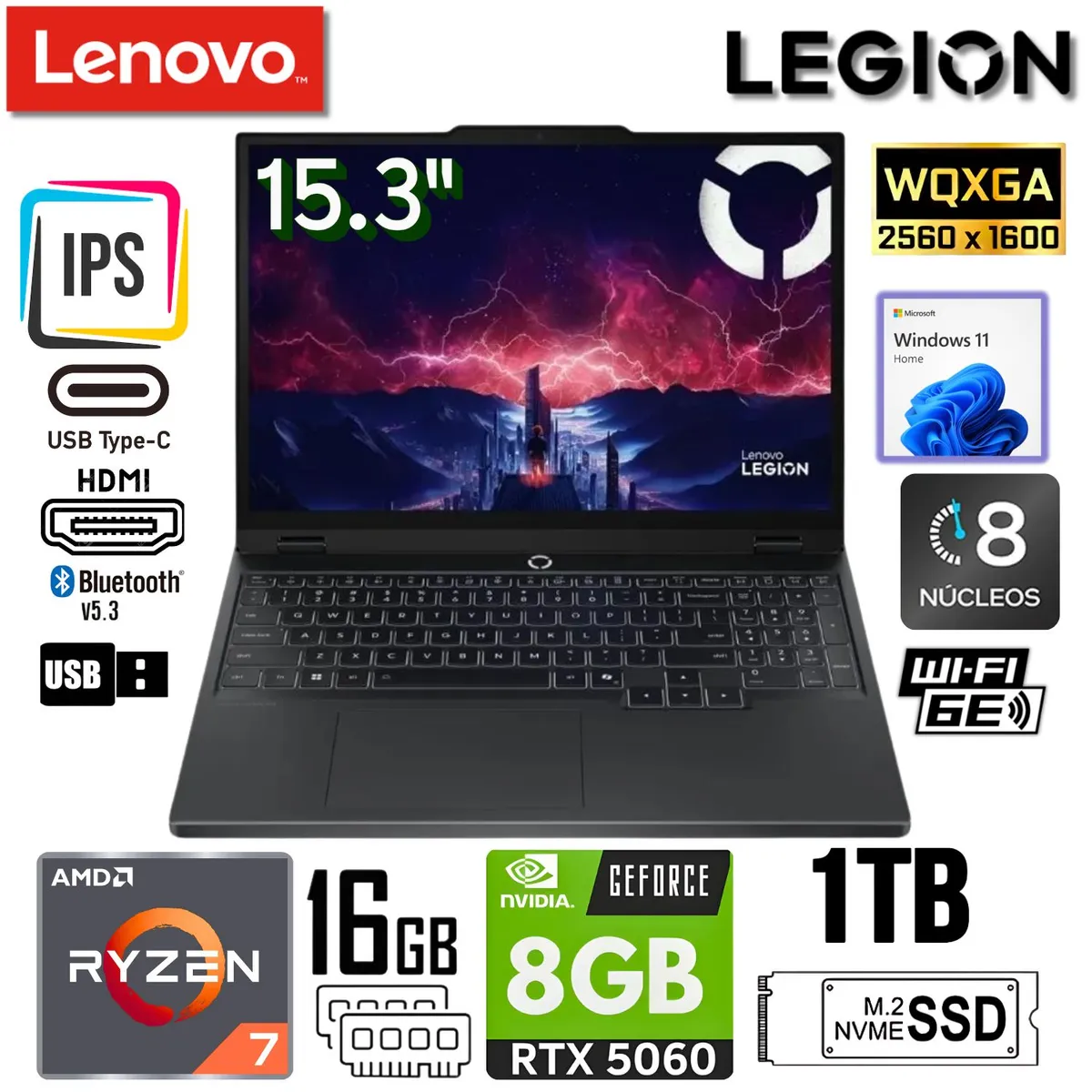 LENOVO LEGION 5 15AHP10 GAMING 83M0004VCC - AMD RYZEN 7 260,1TB SSD 16GB 15.3"(1920X1200), NVIDIA GEFORCE RTX 5060 DE 8 GB WIN 11, COLOR ECLIPSE BLACK